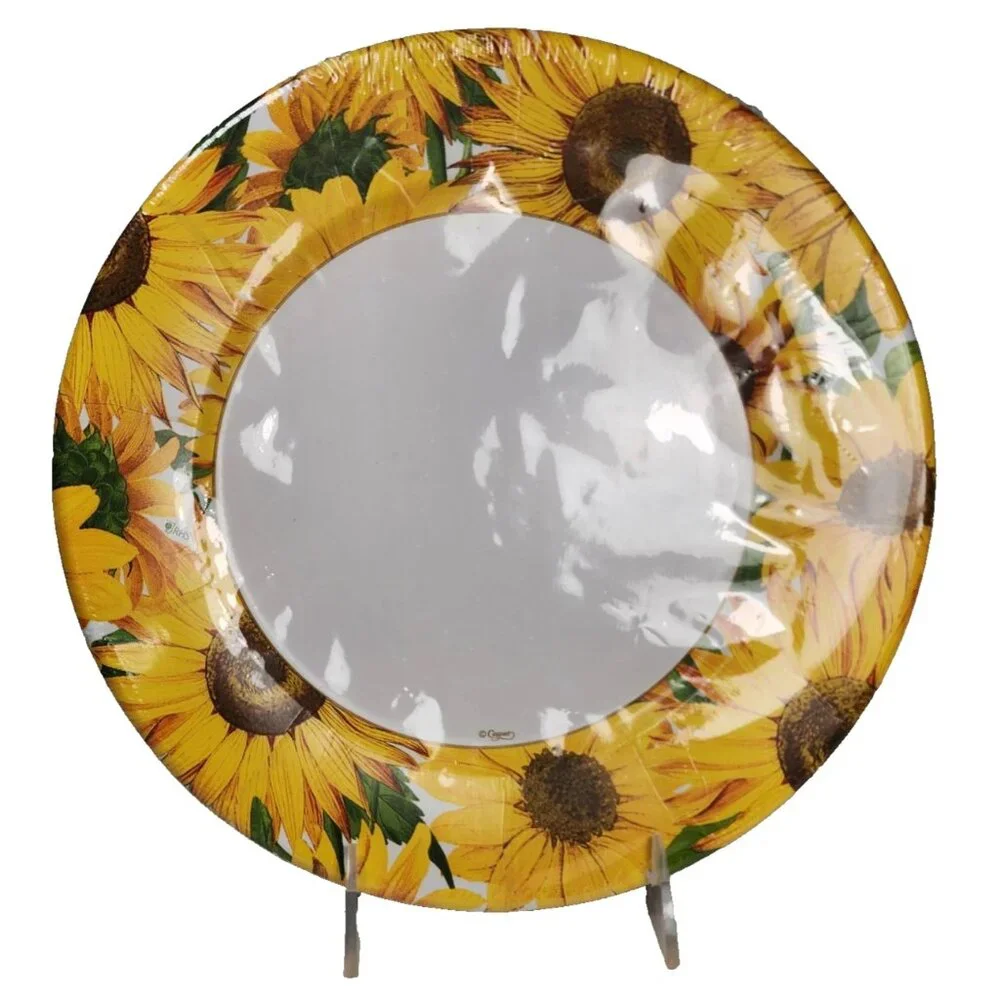 NEW Caspari Sunflowers Round Dinner Plates 3 Packs of 8 = 24 Coated Plates USA